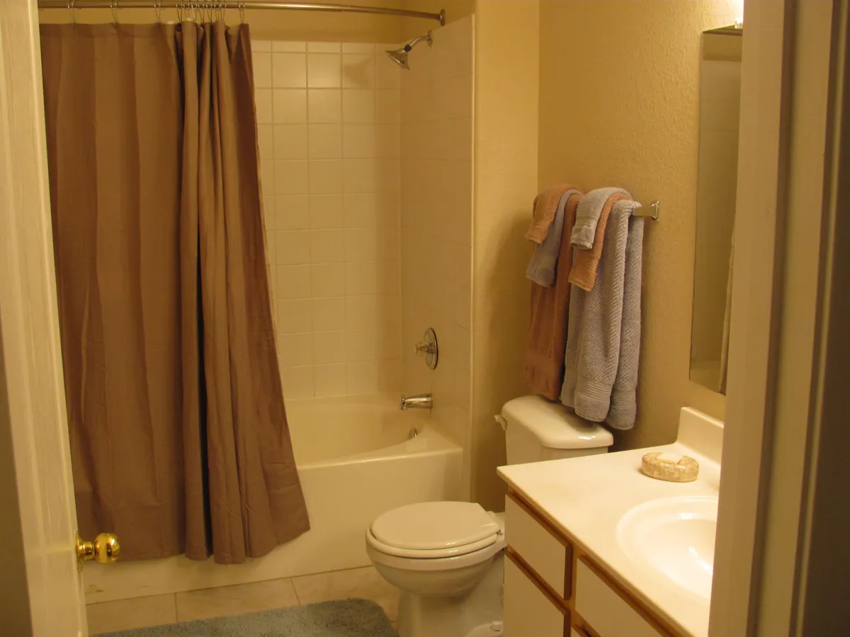 This bathroom scene includes a spacious bathtub with a shower curtain, a sleek sink, and neatly arranged towels, all bathed in soft natural light. The overall mood is calm and refreshing, creating an impression of a private and rejuvenating space ideal for personal care rituals.