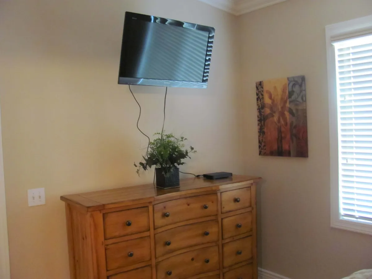 This image highlights a section of the living space with a wall-mounted television, a wooden dresser below, decorative artwork, and a potted plant adding warmth to the setting. The arrangement creates an inviting nook for unwinding with a movie or connecting virtually via video calls.
