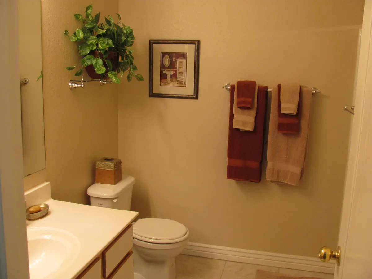 A pristine, well-organized bathroom featuring a spotless sink with countertop, a neatly hung towel rack, framed artwork, and a potted plant. The overall ambiance is calm and inviting, suggesting careful attention to cleanliness and comfort.